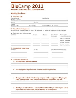 BioCamp 2011
NOVARTIS BIOTECHNOLOGY LEADERSHIP CAMP

Application Form
1. Personal data
Family Name:                                       First Name:______________________________
Mailing Address:____________________________________________________________________________
___________________________________________________________________________________________
Phone:______________________________Mobile:________________________________________________
E-mail:                             _______________________________________________________
Date of birth:               Nationality:          Gender Male  Female________________

2. Educational background
Accomplished studies by May 31, 2011:  Bachelor  Master  Doctoral  Post-Doctoral

Academic and educational record:
Institution                                Subject             Degree         Date attended    Tick the right
                                                                              (mm/yyyy)        percentile class below

_______________________________________   _______________   _______________   _____________    5%, 10%, 15%, Other

_______________________________________   _______________   _______________   _____________    5%, 10%, 15%, Other

_______________________________________   _______________   _______________   _____________    5%, 10%, 15%, Other

_______________________________________   _______________   _______________   _____________    5%, 10%, 15%, Other


3. Professional experience
Employer                                    Job title                         Date of employment (mm/yyyy)

_______________________________             _____________________________     _______________________

_______________________________            _____________________________       _______________________

_______________________________            _____________________________       _______________________


4. Additional Information
   a. List significant academic awards
___________________________________________________________________________________
___________________________________________________________________________________
___________________________________________________________________________________

   b. List any significant professional or career related experiences
___________________________________________________________________________________
___________________________________________________________________________________
___________________________________________________________________________________

   c. Have you attended other leadership camps or related programmes? If yes, give
       name of programme, name of institute conducting programme and year
___________________________________________________________________________________
___________________________________________________________________________________
___________________________________________________________________________________

   d. Would you be interested in a career with Novartis and if yes, what is your area of
       interest and how soon would you be available for employment?
___________________________________________________________________________________
___________________________________________________________________________________
 