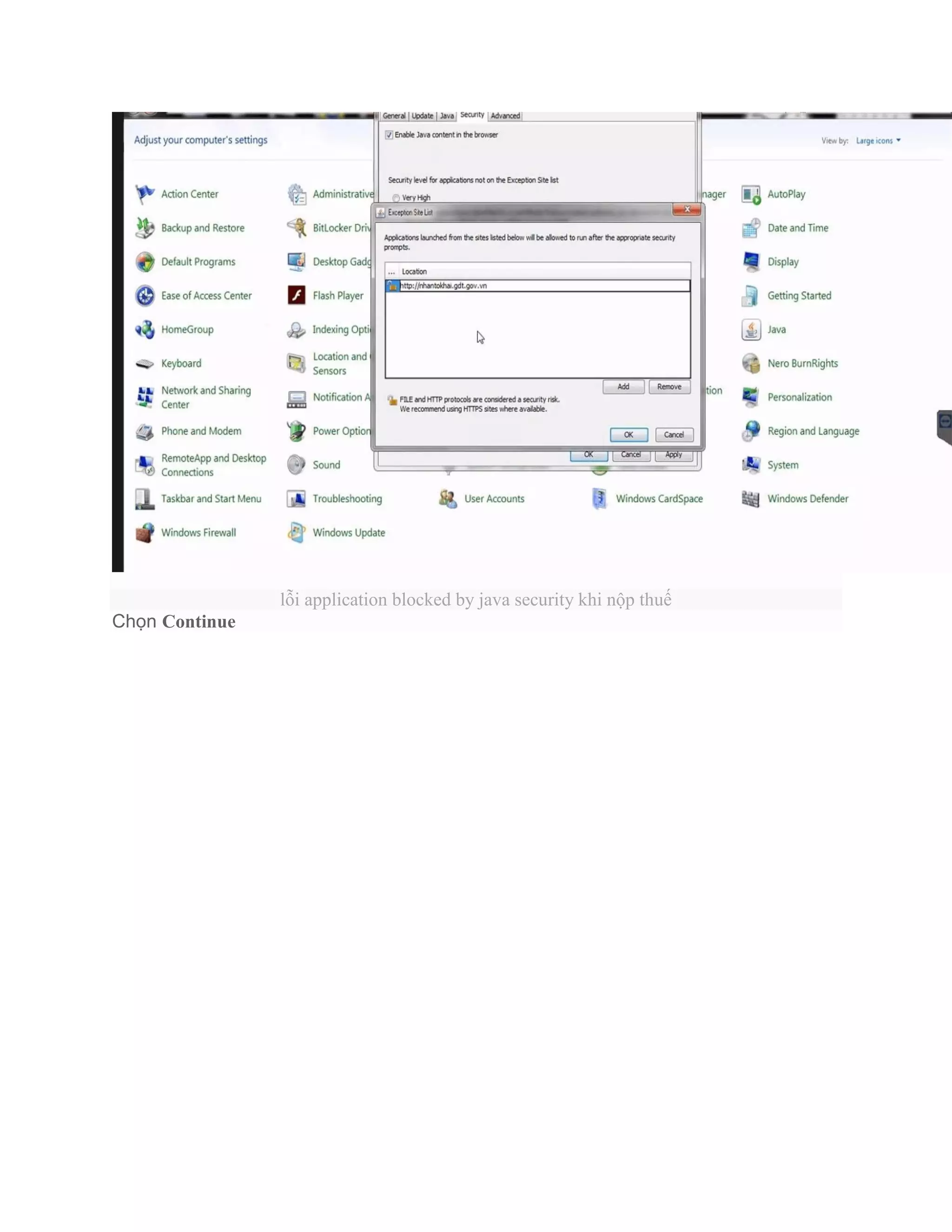 lỗi application blocked by java security khi nộp thuế
Chọn Continue
 
