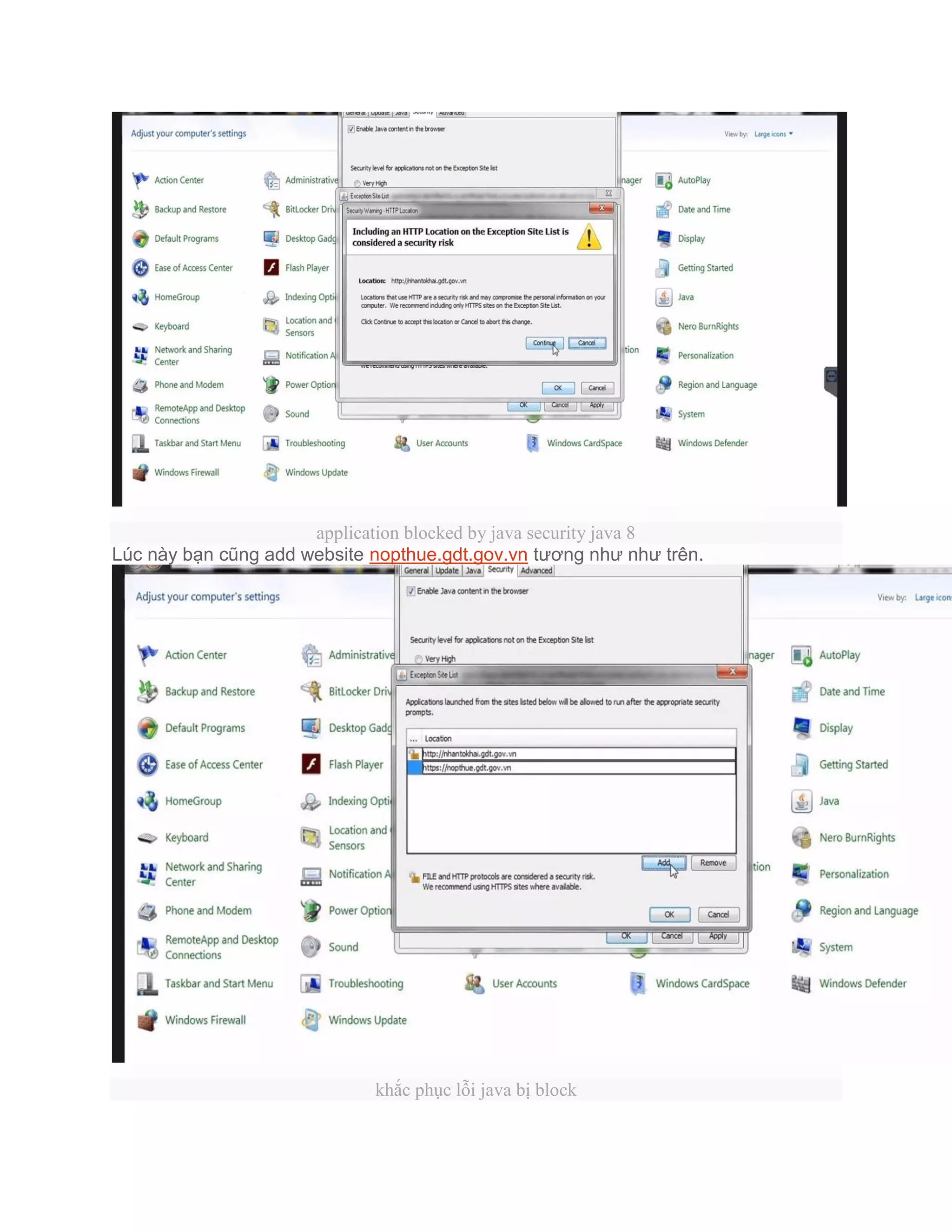 application blocked by java security java 8
Lúc này bạn cũng add website nopthue.gdt.gov.vn tương như như trên.
khắc phục lỗi java bị block
 