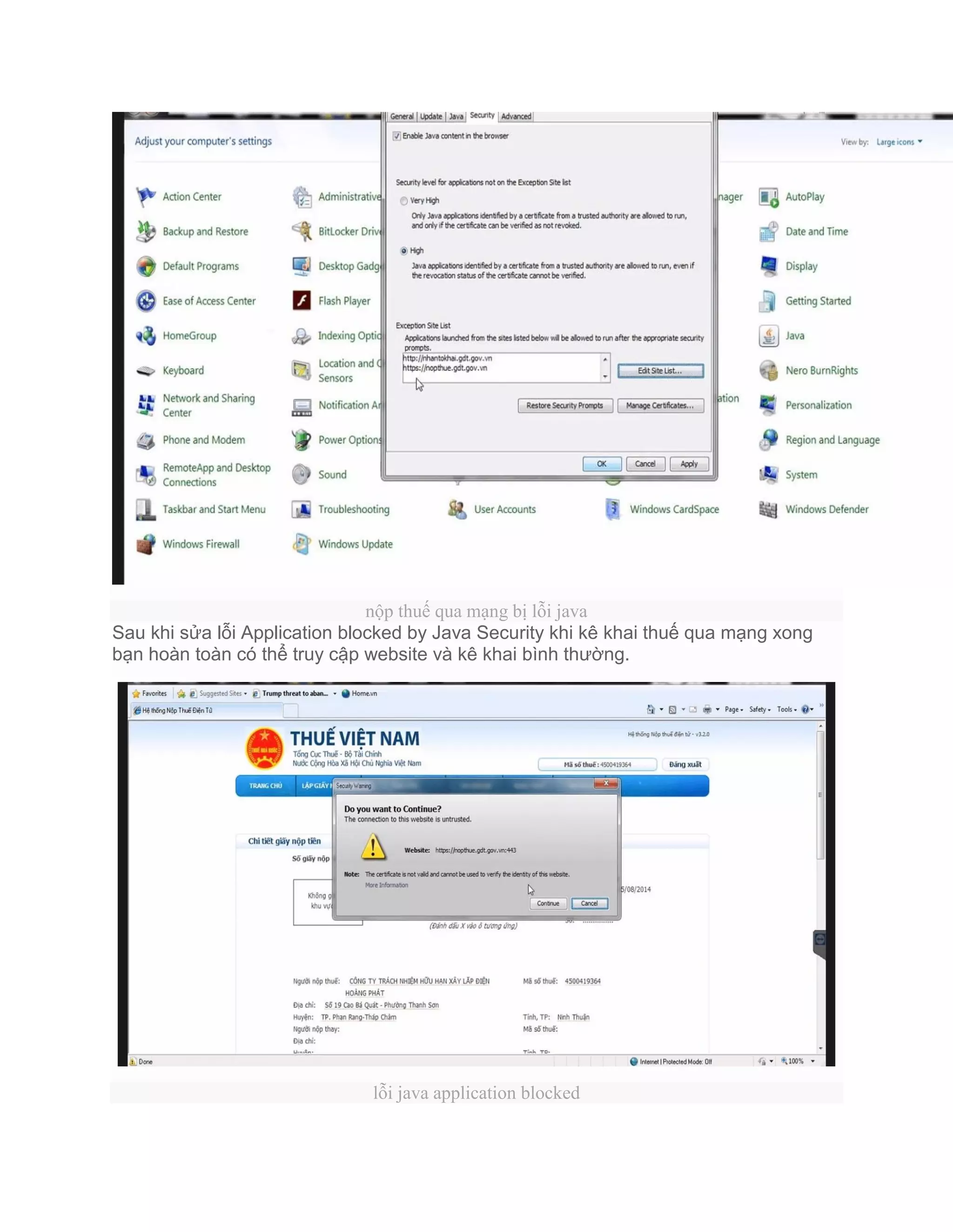 nộp thuế qua mạng bị lỗi java
Sau khi sửa lỗi Application blocked by Java Security khi kê khai thuế qua mạng xong
bạn hoàn toàn có thể truy cập website và kê khai bình thường.
lỗi java application blocked
 