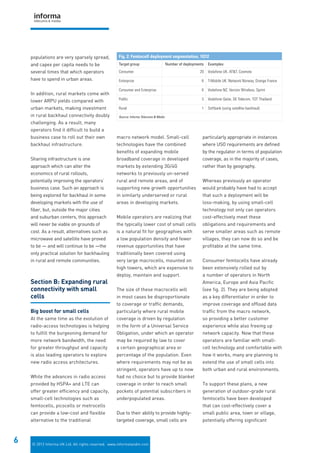 © 2012 Informa UK Ltd. All rights reserved. www.informatandm.com
6
populations are very sparsely spread,
and capex per capita needs to be
several times that which operators
have to spend in urban areas.
In addition, rural markets come with
lower ARPU yields compared with
urban markets, making investment
in rural backhaul connectivity doubly
challenging. As a result, many
operators find it difficult to build a
business case to roll out their own
backhaul infrastructure.
Sharing infrastructure is one
approach which can alter the
economics of rural rollouts,
potentially improving the operators’
business case. Such an approach is
being explored for backhaul in some
developing markets with the use of
fiber, but, outside the major cities
and suburban centers, this approach
will never be viable on grounds of
cost. As a result, alternatives such as
microwave and satellite have proved
to be — and will continue to be —the
only practical solution for backhauling
in rural and remote communities.
Section B: Expanding rural
connectivity with small
cells
Big boost for small cells
At the same time as the evolution of
radio-access technologies is helping
to fulfill the burgeoning demand for
more network bandwidth, the need
for greater throughput and capacity
is also leading operators to explore
new radio access architectures.
While the advances in radio access
provided by HSPA+ and LTE can
offer greater efficiency and capacity,
small-cell technologies such as
femtocells, picocells or metrocells
can provide a low-cost and flexible
alternative to the traditional
macro network model. Small-cell
technologies have the combined
benefits of expanding mobile
broadband coverage in developed
markets by extending 3G/4G
networks to previously un-served
rural and remote areas, and of
supporting new growth opportunities
in similarly underserved or rural
areas in developing markets.
Mobile operators are realizing that
the typically lower cost of small cells
is a natural fit for geographies with
a low population density and fewer
revenue opportunities that have
traditionally been covered using
very large macrocells, mounted on
high towers, which are expensive to
deploy, maintain and support.
The size of these macrocells will
in most cases be disproportionate
to coverage or traffic demands,
particularly where rural mobile
coverage is driven by regulation
in the form of a Universal Service
Obligation, under which an operator
may be required by law to cover
a certain geographical area or
percentage of the population. Even
where requirements may not be as
stringent, operators have up to now
had no choice but to provide blanket
coverage in order to reach small
pockets of potential subscribers in
underpopulated areas.
Due to their ability to provide highly-
targeted coverage, small cells are
particularly appropriate in instances
where USO requirements are defined
by the regulator in terms of population
coverage, as in the majority of cases,
rather than by geography.
Whereas previously an operator
would probably have had to accept
that such a deployment will be
loss-making, by using small-cell
technology not only can operators
cost-effectively meet these
obligations and requirements and
serve smaller areas such as remote
villages, they can now do so and be
profitable at the same time.
Consumer femtocells have already
been extensively rolled out by
a number of operators in North
America, Europe and Asia Pacific
(see fig. 2). They are being adopted
as a key differentiator in order to
improve coverage and offload data
traffic from the macro network,
so providing a better customer
experience while also freeing up
network capacity. Now that these
operators are familiar with small-
cell technology and comfortable with
how it works, many are planning to
extend the use of small cells into
both urban and rural environments.
To support these plans, a new
generation of outdoor-grade rural
femtocells have been developed
that can cost-effectively cover a
small public area, town or village,
potentially offering significant
Fig. 2: Femtocell deployment segmentation, 1Q12
Target group Number of deployments Examples
Consumer 20 Vodafone UK, AT&T, Cosmote
Enterprise 6 T-Mobile UK, Network Norway, Orange France
Consumer and Enterprise 6 Vodafone NZ, Verizon Wireless, Sprint
Public 3 Vodafone Qatar, SK Telecom, TOT Thailand
Rural 1 Softbank (using satellite backhaul)
Source: Informa Telecoms & Media
 