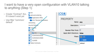 © 2015 Cisco and/or its affiliates. All rights reserved. Cisco Public
I want to have a very open configuration with VLAN10 talking
to anything (Step 1)
•  Create “Contract” ALL
if it doesn’t exist yet
•  Use filter “common/
default”
 