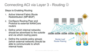 © 2015 Cisco and/or its affiliates. All rights reserved. Cisco Public
Connecting ACI via Layer 3 - Routing J
Steps to Enabling Routing
1.  Active Internal Fabric Route
Redistribution (MP-BGP)
2.  Configure Routing Peer and
Protocol to external WAN/Core
routers
3.  Define which internal networks
should be advertised to the outside
and via which routing peers
4.  Define the outside policy groups
(which external networks should be
able to communicate to which
internal hosts
Border Leaf
Router Peering
 