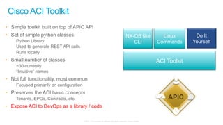 © 2015 Cisco and/or its affiliates. All rights reserved. Cisco Public
•  Simple toolkit built on top of APIC API
•  Set of simple python classes
Python Library
Used to generate REST API calls
Runs locally
•  Small number of classes
~30 currently
“Intuitive” names
•  Not full functionality, most common
Focused primarily on configuration
•  Preserves the ACI basic concepts
Tenants, EPGs, Contracts, etc.
•  Expose ACI to DevOps as a library / code
APIC
ACI Toolkit
Linux
Commands
NX-OS like
CLI
Do It
Yourself
Cisco ACI Toolkit
 
