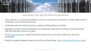 © 2015 Cisco and/or its affiliates. All rights reserved. Cisco Public
•  Cisco dCloud is a self-service platform that can be accessed via a browser, a high-speed Internet
connection, and a cisco.com account
•  Customers will have direct access to a subset of dCloud demos and labs
•  Restricted content must be brokered by an authorized user (Cisco or Partner) and then shared
with the customers (cisco.com user).
•  Go to dcloud.cisco.com, select the location closest to you, and log in with your cisco.com
credentials
•  Review the getting started videos and try Cisco dCloud today: https://dcloud-cms.cisco.com/help
dCloud
Customers now get full dCloud experience!
 