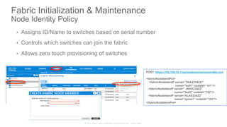 © 2015 Cisco and/or its affiliates. All rights reserved. Cisco Public
Fabric Initialization & Maintenance
Node Identity Policy
•  Assigns ID/Name to switches based on serial number
•  Controls which switches can join the fabric
•  Allows zero touch provisioning of switches
POST: https://192.168.10.1/api/node/mo/uni/controller.xml
<fabricNodeIdentPol>
<fabricNodeIdentP serial=”TNAX234ZA"
name="leaf1" nodeId=”101"/>
<fabricNodeIdentP serial=” JNAX234ZZ"
name="leaf2" nodeId=”102"/>
<fabricNodeIdentP serial=“KLAX234ZZ”
name="spine1" nodeId=”103"/>
</fabricNodeIdentPol>
 