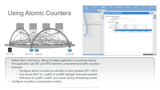 © 2015 Cisco and/or its affiliates. All rights reserved. Cisco Public
Using Atomic Counters
•  Detect fabric misrouting, debug & isolate application connectivity issues
•  Per-application, per-EP, per-EPG real-time, comprehensive traffic counters
•  Example:
•  Configure atomic counters on all leafs to count packets EP1->EP2
•  Any counts NOT on Leaf03 or Leaf06 highlight misrouted packets
•  Drill-down to Leaf03, Leaf01 and check routing, forwarding entries
•  Configure via policy in appropriate context
10.1.1.10 10.1.3.12 10.6.3.2 10.1.3.35
EP1
Leaf01 Leaf06
EP2
 