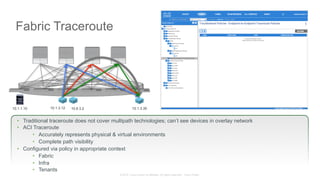 © 2015 Cisco and/or its affiliates. All rights reserved. Cisco Public
Fabric Traceroute
•  Traditional traceroute does not cover multipath technologies; can’t see devices in overlay network
•  ACI Traceroute
•  Accurately represents physical & virtual environments
•  Complete path visibility
•  Configured via policy in appropriate context
•  Fabric
•  Infra
•  Tenants
10.1.1.10 10.1.3.12 10.6.3.2 10.1.3.35
 