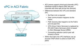 © 2015 Cisco and/or its affiliates. All rights reserved. Cisco Public
vPC in ACI Fabric
•  ACI Leaves support virtual port channels (vPC)
interfaces similar to Nexus (802.3ad port
channels with links split across two devices)
•  Differences between ACI vPC and standard
vPC
•  No Peer Link is required
•  Peer communication happens via the
Fabric
•  Path recovery also happens via the Fabric
and not peer link
•  CFS (Cisco Fabric Services) is replaced by
IFS (ACI Fabric Services) which is based
on Zero Message Queue (ZMQ)
•  Forwarding selection (which peer will
forward a frame
•  Within the Fabric the vPC interfaces use an
anycast VTEP which is active on both vPC
peers
ACI Fabric Services (ZMQ)
Host or Switch
VTEP VTEP
vPC Anycast
VTEP
vPC Anycast
VTEP
 