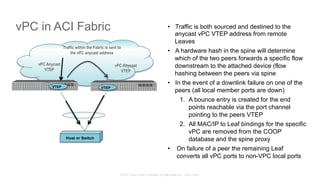 © 2015 Cisco and/or its affiliates. All rights reserved. Cisco Public
vPC in ACI Fabric •  Traffic is both sourced and destined to the
anycast vPC VTEP address from remote
Leaves
•  A hardware hash in the spine will determine
which of the two peers forwards a specific flow
downstream to the attached device (flow
hashing between the peers via spine
•  In the event of a downlink failure on one of the
peers (all local member ports are down)
1.  A bounce entry is created for the end
points reachable via the port channel
pointing to the peers VTEP
2.  All MAC/IP to Leaf bindings for the specific
vPC are removed from the COOP
database and the spine proxy
•  On failure of a peer the remaining Leaf
converts all vPC ports to non-VPC local ports
Host or Switch
VTEP VTEP
vPC Anycast
VTEP
vPC Anycast
VTEP
Traffic within the Fabric is sent to
the vPC anycast address
 