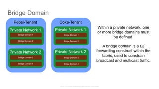© 2015 Cisco and/or its affiliates. All rights reserved. Cisco Public
Pepsi-Tenant Coke-Tenant
Private Network 1
Private Network 2
Private Network 1
Private Network 2
Within a private network, one
or more bridge domains must
be defined.
A bridge domain is a L2
forwarding construct within the
fabric, used to constrain
broadcast and multicast traffic.
Bridge Domain 1
Bridge Domain 2
Bridge Domain 3
Bridge Domain 4
Bridge Domain 1
Bridge Domain 2
Bridge Domain 3
Bridge Domain 4
Bridge Domain
 