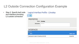 © 2015 Cisco and/or its affiliates. All rights reserved. Cisco Public
L2 Outside Connection Configuration Example
•  Step 2. Specify leaf node
and interface providing
L2 outside connection
 