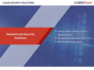 CLOUD SECURITY SOLUTIONS
Network and Security
Solutions
 Routers, Switches ,Wireless solutions
Network Firewalls
 Intrusion Prevention Systems [IPS]
 DNS Management and Security
14
 