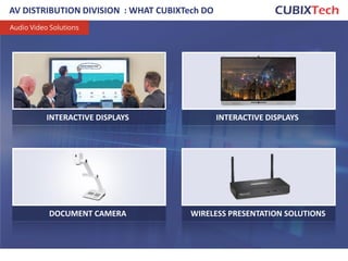 AV DISTRIBUTION DIVISION : WHAT CUBIXTech DO
INTERACTIVE DISPLAYS INTERACTIVE DISPLAYS
DOCUMENT CAMERA WIRELESS PRESENTATION SOLUTIONS
Audio Video Solutions
18
 