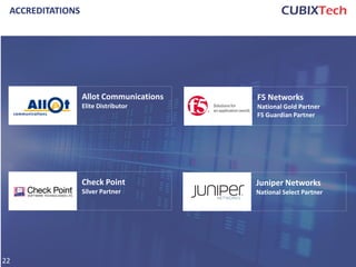 ACCREDITATIONS
F5 Networks
National Gold Partner
F5 Guardian Partner
Allot Communications
Elite Distributor
Juniper Networks
National Select Partner
22
Check Point
Silver Partner
 
