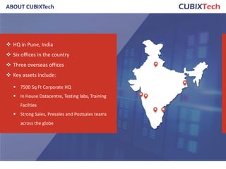 ABOUT CUBIXTech
2
 HQ in Pune, India
 Six offices in the country
 Three overseas offices
 Key assets include:
 7500 Sq Ft Corporate HQ
 In House Datacentre, Testing labs, Training
Facilties
 Strong Sales, Presales and Postsales teams
across the globe
 