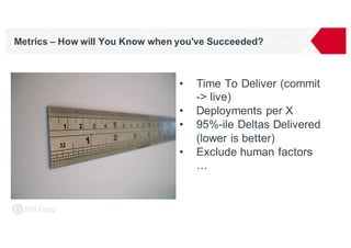 Metrics – How will You Know when you've Succeeded?
• Time To Deliver (commit
-> live)
• Deployments per X
• 95%-ile Deltas Delivered
(lower is better)
• Exclude human factors
…
 