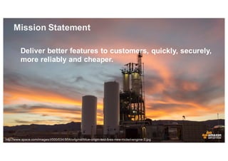 Mission Statement
Deliver better features to customers, quickly, securely,
more reliably and cheaper.
http://www.space.com/images/i/000/034/954/original/blue-origin-test-fires-new-rocket-engine-3.jpg
 