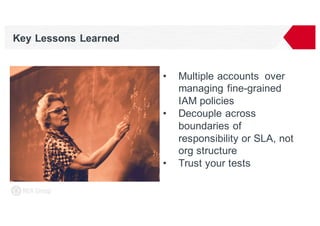 Key Lessons Learned
• Multiple accounts over
managing fine-grained
IAM policies
• Decouple across
boundaries of
responsibility or SLA, not
org structure
• Trust your tests
 