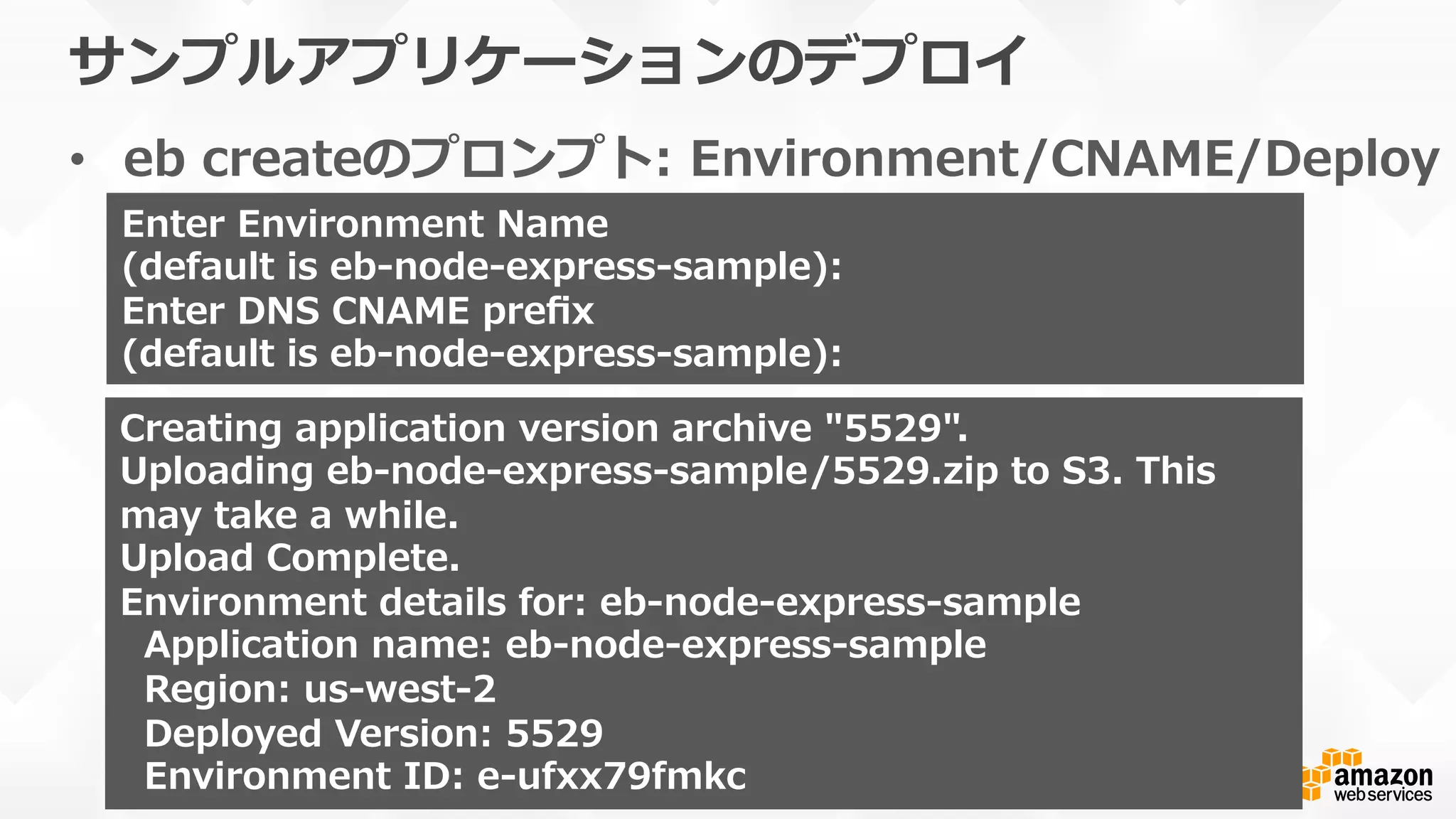 サンプルアプリケーションのデプロイ
•  eb  createのプロンプト:  Environment/CNAME/Deploy
Enter  Environment  Name
(default  is  eb-‐‑‒node-‐‑‒express-‐‑‒sample):  
Enter  DNS  CNAME  preﬁx
(default  is  eb-‐‑‒node-‐‑‒express-‐‑‒sample):  
Creating  application  version  archive  "5529".
Uploading  eb-‐‑‒node-‐‑‒express-‐‑‒sample/5529.zip  to  S3.  This  
may  take  a  while.
Upload  Complete.
Environment  details  for:  eb-‐‑‒node-‐‑‒express-‐‑‒sample
    Application  name:  eb-‐‑‒node-‐‑‒express-‐‑‒sample
    Region:  us-‐‑‒west-‐‑‒2
    Deployed  Version:  5529
    Environment  ID:  e-‐‑‒ufxx79fmkc
 