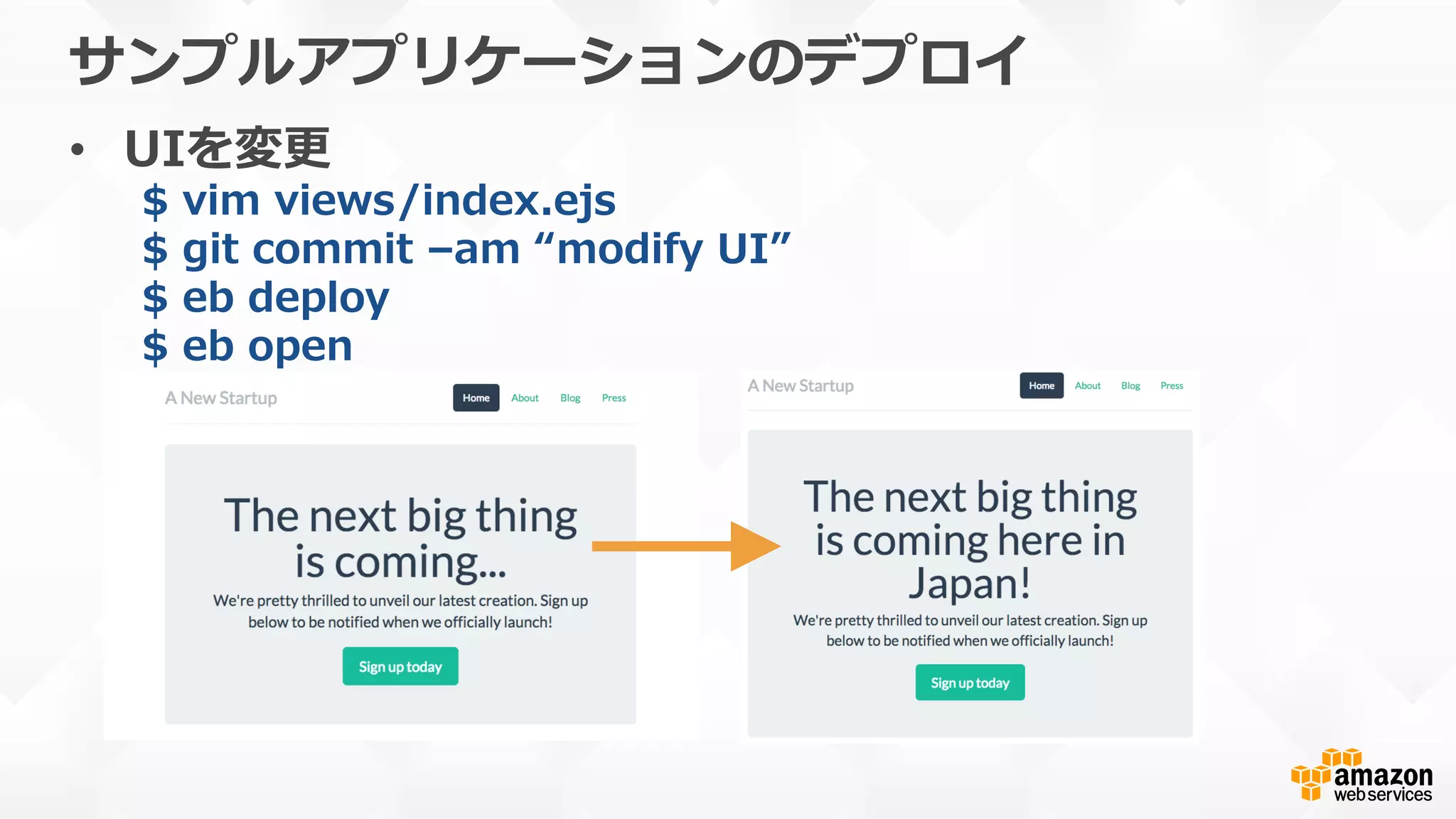 サンプルアプリケーションのデプロイ
•  UIを変更更
$  vim  views/index.ejs
$  git  commit  –am  “modify  UI”
$  eb  deploy
$  eb  open
 
