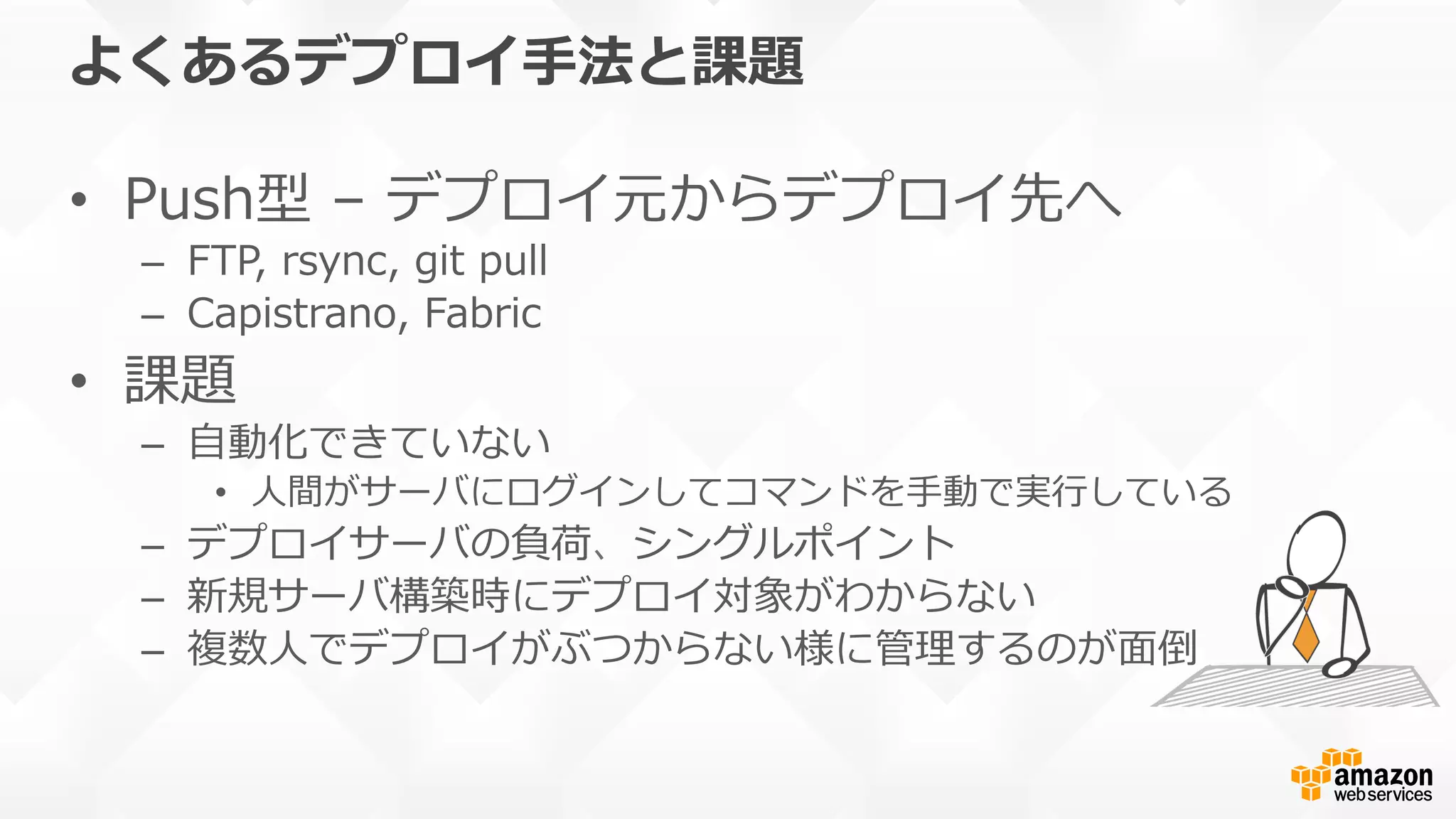 よくあるデプロイ⼿手法と課題
•  Push型  –  デプロイ元からデプロイ先へ
–  FTP,  rsync,  git  pull
–  Capistrano,  Fabric
•  課題
–  ⾃自動化できていない
•  ⼈人間がサーバにログインしてコマンドを⼿手動で実⾏行行している
–  デプロイサーバの負荷、シングルポイント
–  新規サーバ構築時にデプロイ対象がわからない
–  複数⼈人でデプロイがぶつからない様に管理理するのが⾯面倒
 