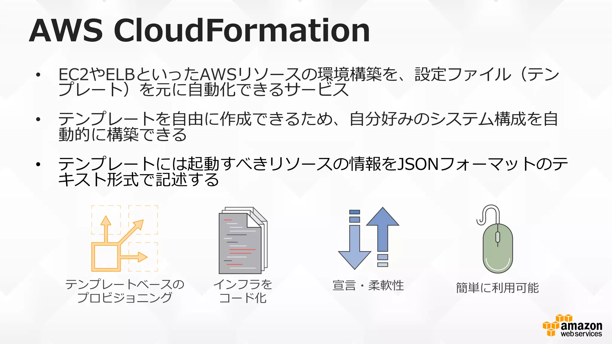 AWS  CloudFormation
•  EC2やELBといったAWSリソースの環境構築を、設定ファイル（テン
プレート）を元に⾃自動化できるサービス
•  テンプレートを⾃自由に作成できるため、⾃自分好みのシステム構成を⾃自
動的に構築できる
•  テンプレートには起動すべきリソースの情報をJSONフォーマットのテ
キスト形式で記述する
テンプレートベースの
プロビジョニング
インフラを
コード化
宣⾔言・柔軟性 簡単に利利⽤用可能
 