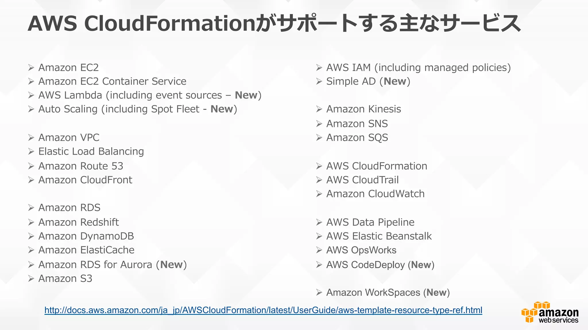 AWS  CloudFormationがサポートする主なサービス
Ø  Amazon  EC2
Ø  Amazon  EC2  Container  Service
Ø  AWS  Lambda  (including  event  sources  –  New)
Ø  Auto  Scaling  (including  Spot  Fleet  -‐‑‒  New)
Ø  Amazon  VPC
Ø  Elastic  Load  Balancing
Ø  Amazon  Route  53
Ø  Amazon  CloudFront
Ø  Amazon  RDS
Ø  Amazon  Redshift
Ø  Amazon  DynamoDB
Ø  Amazon  ElastiCache
Ø  Amazon  RDS  for  Aurora  (New)
Ø  Amazon  S3
Ø  AWS  IAM  (including  managed  policies)
Ø  Simple  AD  (New)
Ø  Amazon  Kinesis
Ø  Amazon  SNS
Ø  Amazon  SQS
Ø  AWS  CloudFormation
Ø  AWS  CloudTrail
Ø  Amazon  CloudWatch
Ø  AWS  Data  Pipeline
Ø  AWS  Elastic  Beanstalk
Ø  AWS OpsWorks
Ø  AWS CodeDeploy (New)
Ø  Amazon WorkSpaces (New)
http://docs.aws.amazon.com/ja_jp/AWSCloudFormation/latest/UserGuide/aws-template-resource-type-ref.html
 