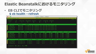 Elastic  Beanstalkにおけるモニタリング
•  EB  CLIでモニタリング
$  eb  health  -‐‑‒-‐‑‒refresh
 