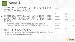 Appとは
•  アプリケーションサーバーにデプロイする
アプリケーションのこと
•  利利⽤用可能なアプリケーションの種類（標準
のアプリケーションサーバーレイヤーに相
当する）
–  Ruby  on  Rails  /  PHP  /  Node.js(JavaScript)  /  
Static(HTML)  /  Java  /  AWS  Flow(Ruby)  /  Other
•  サポートするリポジトリ
–  Git  /  Subversion  /  HTTP  archive  /  S3  Archive  /  Other
–  GithubやBitBucketも使⽤用可能
 
