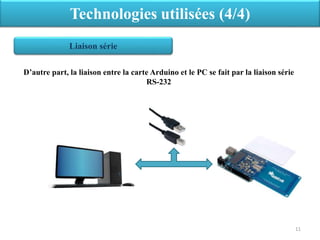 D’autre part, la liaison entre la carte Arduino et le PC se fait par la liaison série
RS-232
Technologies utilisées (4/4)
Liaison série
11
 