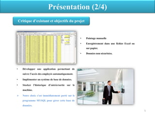 • Développer une application permettant de
suivre l’accès des employés automatiquement.
• Implémenter un système de base de données.
• Stocker l’historique d’entrée/sortie sur le
machine.
 Notre choix s’est immédiatement porté sur le
programme MYSQL pour gérer cette base de
données.
• Pointage manuelle
• Enregistrement dans une fichier Excel ou
sur papier.
• Données non sécurisées.
Critique d’existant et objectifs du projet
Présentation (2/4)
5
 
