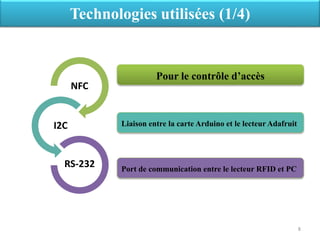 Technologies utilisées (1/4)
NFC
I2C
RS-232
Pour le contrôle d’accès
Liaison entre la carte Arduino et le lecteur Adafruit
Port de communication entre le lecteur RFID et PC
8
 
