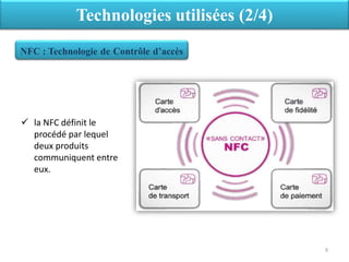  la NFC définit le
procédé par lequel
deux produits
communiquent entre
eux.
Technologies utilisées (2/4)
NFC : Technologie de Contrôle d’accès
9
 