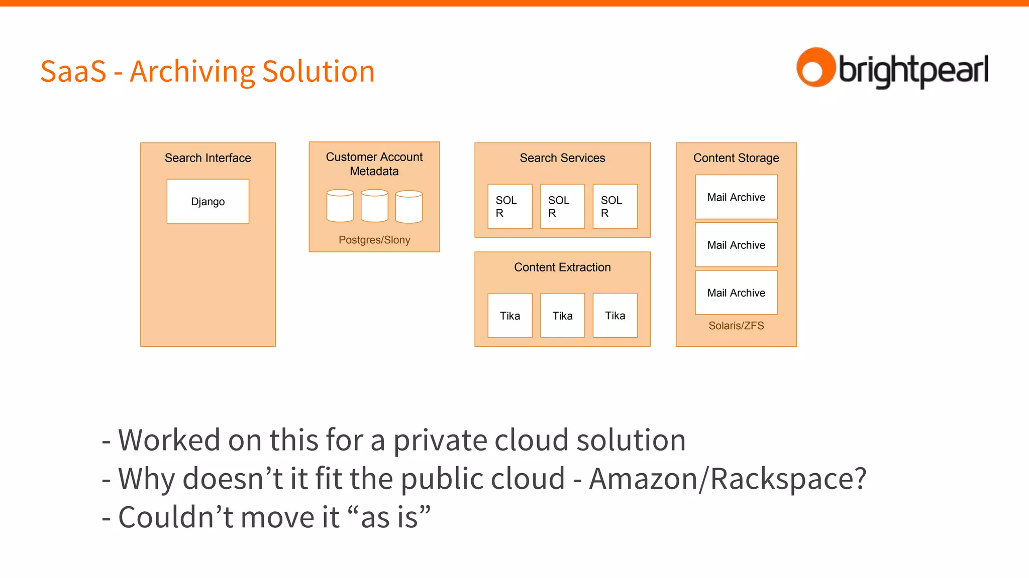 SaaS - Archiving Solution
Customer Account
Metadata
Postgres/Slony
Search Services
SOL
R
SOL
R
SOL
R
Content Extraction
Tika Tika
Content Storage
Solaris/ZFS
Search Interface
Django
Tika
Mail Archive
Mail Archive
Mail Archive
- Worked on this for a private cloud solution
- Why doesn’t it fit the public cloud - Amazon/Rackspace?
- Couldn’t move it “as is”
 