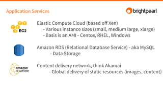 Application Services
Elastic Compute Cloud (based off Xen)
- Various instance sizes (small, medium large, xlarge)
- Basis is an AMI - Centos, RHEL, Windows
Amazon RDS (Relational Database Service) - aka MySQL
- Data Storage
Content delivery network, think Akamai
- Global delivery of static resources (images, content)
 