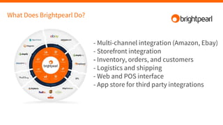 What Does Brightpearl Do?
- Multi-channel integration (Amazon, Ebay)
- Storefront integration
- Inventory, orders, and customers
- Logistics and shipping
- Web and POS interface
- App store for third party integrations
 