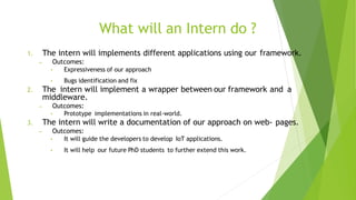 What will an Intern do ?
1. The intern will implements different applications using our framework.
– Outcomes:
• Expressiveness of our approach
• Bugs identification and fix
2. The intern will implement a wrapper between our framework and a
middleware.
– Outcomes:
• Prototype implementations in real-world.
3. The intern will write a documentation of our approach on web- pages.
– Outcomes:
• It will guide the developers to develop IoT applications.
• It will help our future PhD students to further extend this work.
 