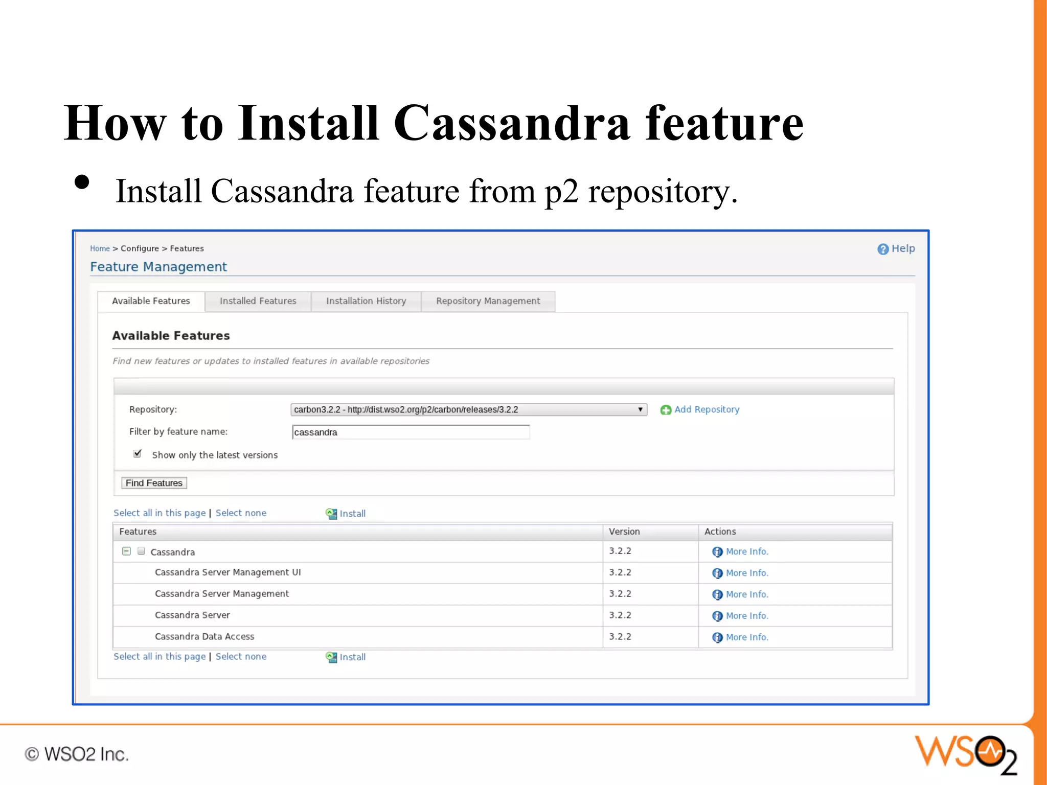 How to Install Cassandra feature
•   Install Cassandra feature from p2 repository.
 