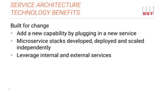 9
Built for change
• Add a new capability by plugging in a new service
• Microservice stacks developed, deployed and scaled
independently
• Leverage internal and external services
SERVICE ARCHITECTURE
TECHNOLOGY BENEFITS
 