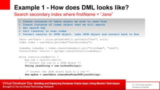 13 | © 2014 Oracle Corporation –
Proprietary and Confidential
Example 1 - How does DML looks like?
Search secondary index where firstName = “Jane”
Table userTable = store.getTableAPI().getTable("User", null);
Index index = userTable.getIndex("UserSecondary");
IndexKey indexKey = index.createIndexKey().put("firstName", "Jane");
Iterator<Row> results = apiImpl.tableIterator(indexKey);
while (results.hasNext()) {
Row row = results.next();
/* Convert the row to a JSON object */
String jsonString = row.toJsonString();
/* Convert the JSON object back to a row */
Row myRow = userTable.createRowFromJSON(jsonString);
}
1. Create instance of table object we wish to read from
2. Create instance of index object that we will search
3. Set search key
4. Call iterator to scan index
5. Convert results to JSON object, take JSON object and convert back to Row
 