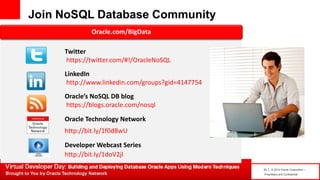 23 | © 2014 Oracle Corporation –
Proprietary and Confidential
Join NoSQL Database Community
Twitter
https://twitter.com/#!/OracleNoSQL
LinkedIn
http://www.linkedin.com/groups?gid=4147754
Oracle’s NoSQL DB blog
https://blogs.oracle.com/nosql
Oracle Technology Network
http://bit.ly/1f0d8wU
Developer Webcast Series
http://bit.ly/1doV2jl
Oracle.com/BigData
 