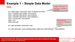 10 | © 2014 Oracle Corporation –
Proprietary and Confidential
Example 1 – Simple Data Model
DDL
kv-> table create -name User -desc "A sample user table"
User-> add-field -type Integer -name userId
User-> add-field -type String -name firstame
User-> add-field -type String -name lastName
User-> primary-key -name userId
User-> exit
Table User built.
kv-> plan add-table -name User –wait
kv-> plan add-index -name UserSecondary -table User -field firstName –field lastName
Create Table with id,
firstName, lastName
columns.
Add index on
firstName, lastName
columns.
 
