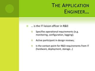 The Application Engineer…,[object Object],… is the IT liaison officer in R&D,[object Object],Specifies operational requirements (e.g. monitoring, configuration, logging);,[object Object],Active participant in design reviews;,[object Object],Is the contact point for R&D requirements from IT (hardware, deployment, storage…),[object Object]