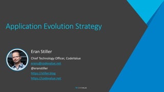 Application Evolution Strategy
Eran Stiller
Chief Technology Officer, CodeValue
erans@codevalue.net
@eranstiller
https://stiller.blog
https://codevalue.net
 