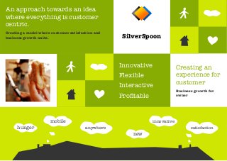 experience
An approach towards an idea
where everything is customer
centric.
Creating a model where customer satisfaction and
business growth unite.
Creating an
experience for
customer
Business growth for
owner
SilverSpoon
anywhere
innovativemobile
new
Innovative
Flexible
Interactive
Proﬁtable
hunger satisfaction
 