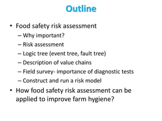 Outline
• Food safety risk assessment
– Why important?
– Risk assessment
– Logic tree (event tree, fault tree)
– Description of value chains
– Field survey- importance of diagnostic tests
– Construct and run a risk model
• How food safety risk assessment can be
applied to improve farm hygiene?
 