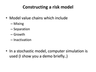 Constructing a risk model
• Model value chains which include
– Mixing
– Separation
– Growth
– Inactivation
• In a stochastic model, computer simulation is
used (I show you a demo briefly..)
 