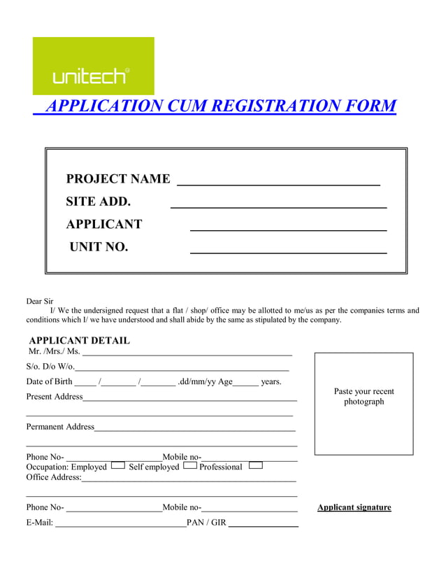 Application form unitech gardens galleriagreat india place phase ii