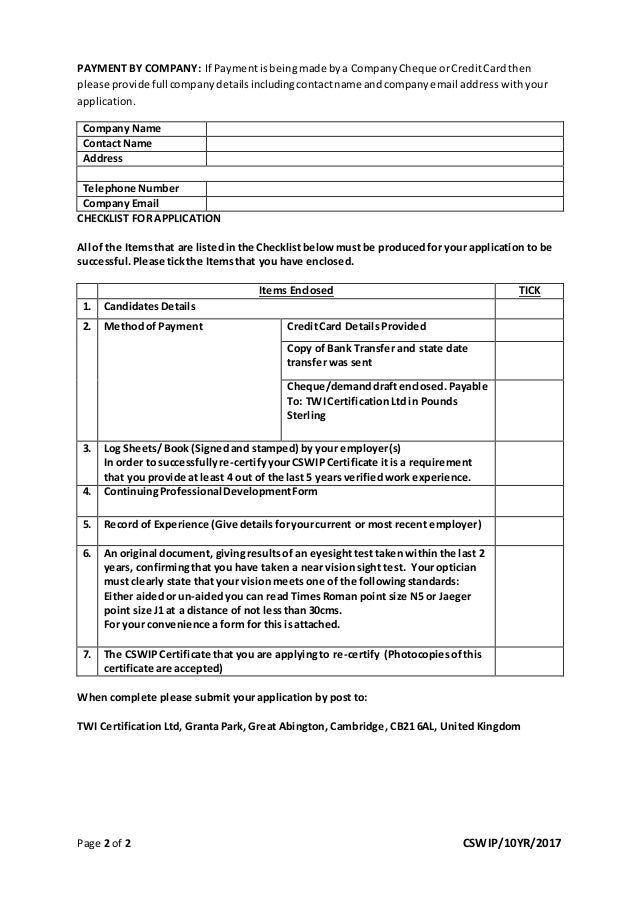 Application form for cswip 10 year re certification (overseas) with